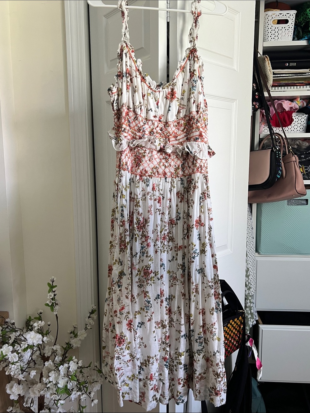 Anthropologie White Floral Midi Dress with Rust and Blue Accents